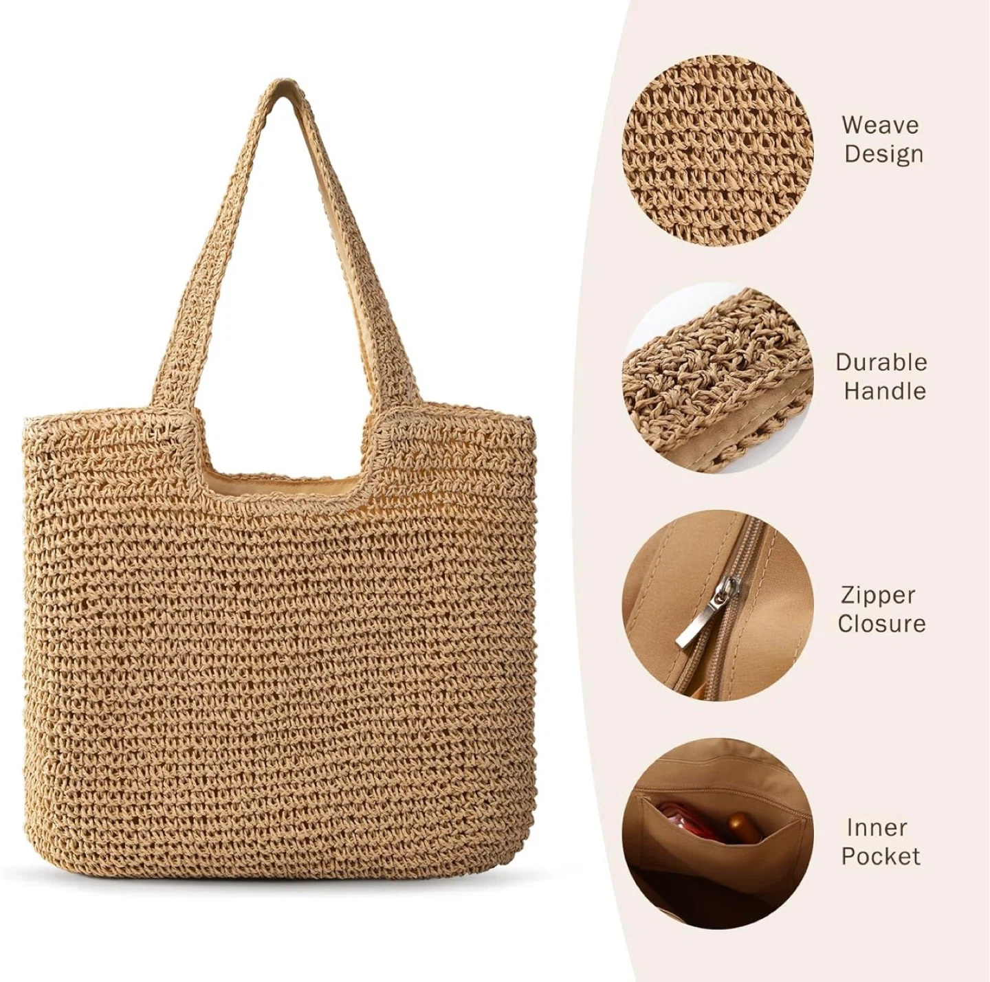 Straw Tote Bag with Zipper Closure - photo 4