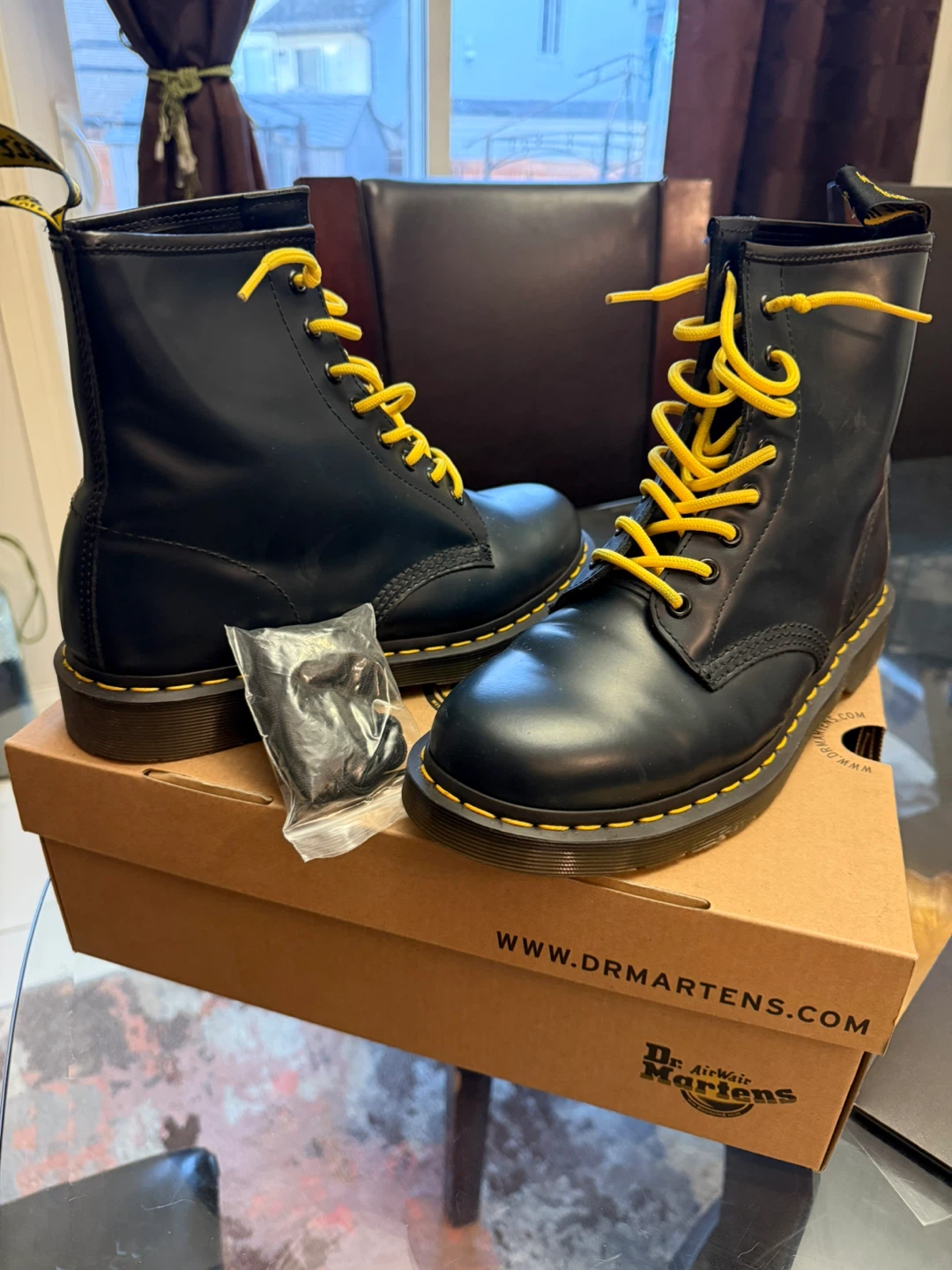 Dr. Martens Blue Leather Boots with Yellow Laces