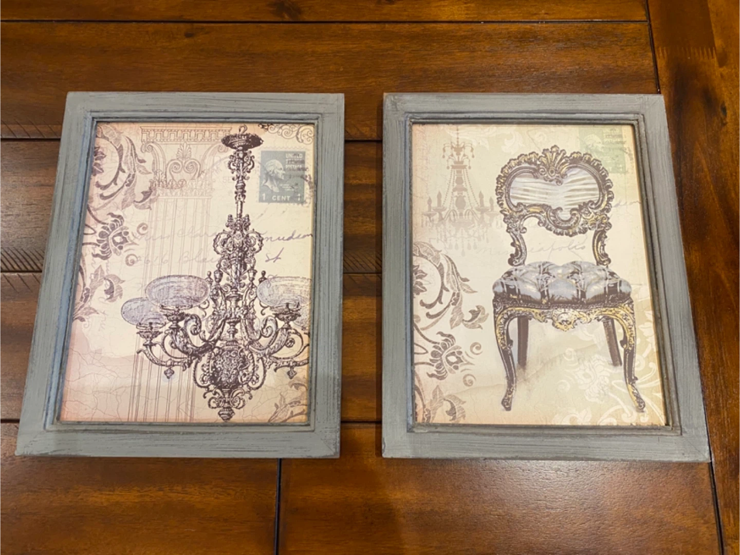 Set of 2 wood Chandelier and Chair Framed Wall Art