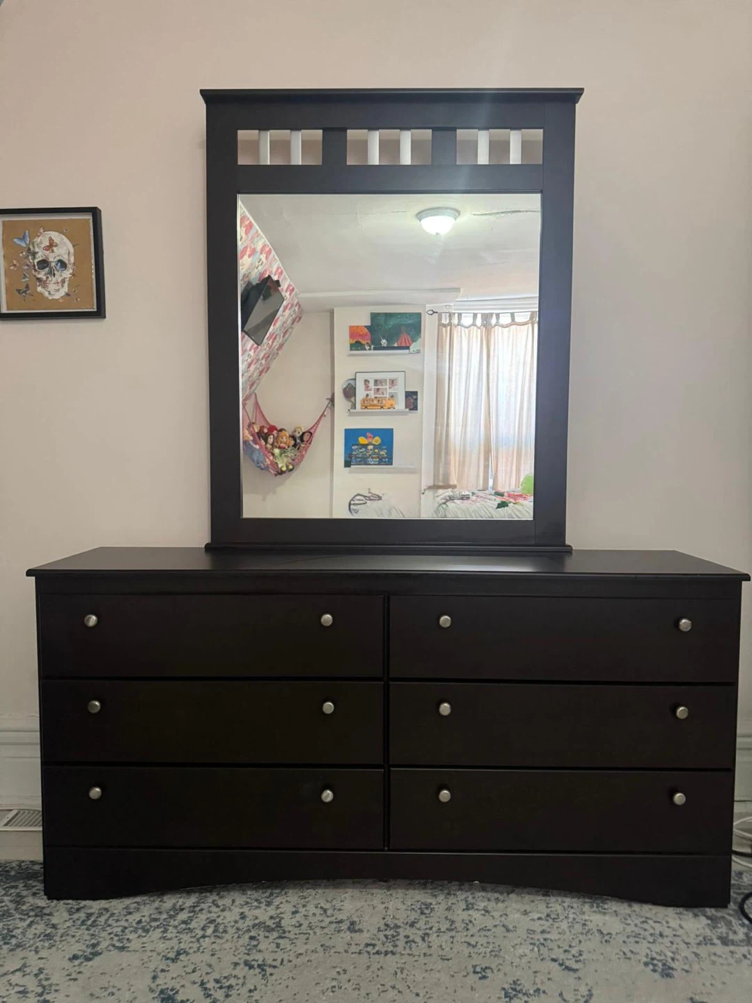 Dark Brown Six-Drawer Dresser with Mirror