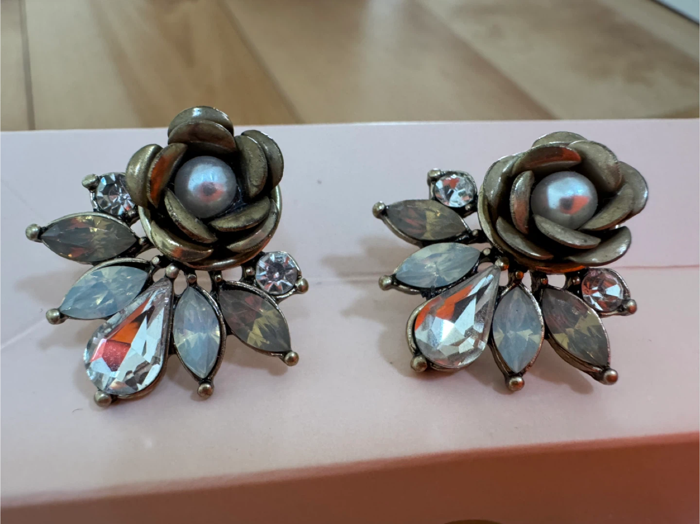 Vintage Costume Floral Stud Earrings with Rhinestones