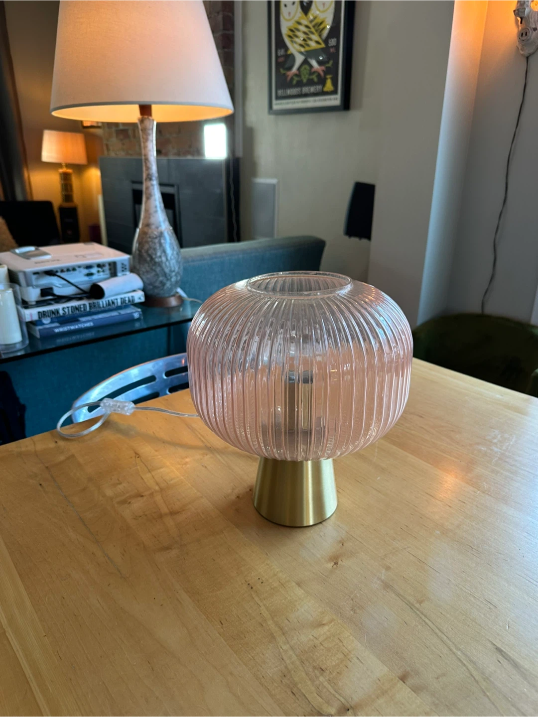 Pink Fluted Glass Table Lamp with Gold Base