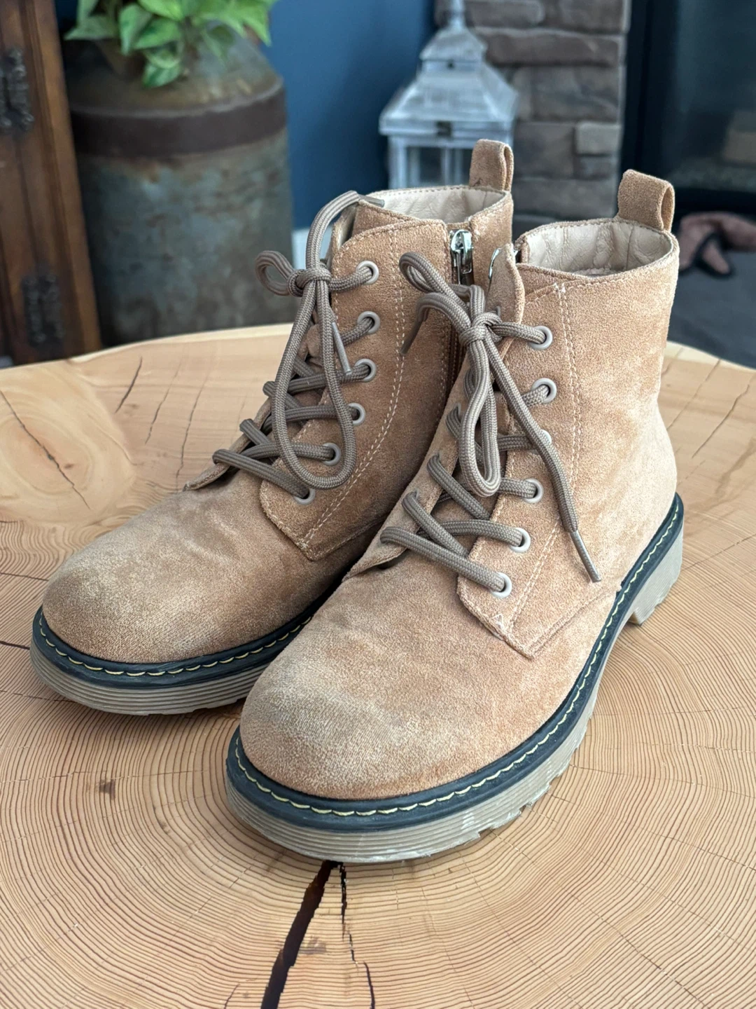 Tan Suede Lace-Up Boots with Side Zipper size 4