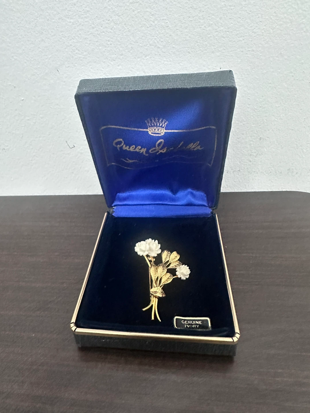 Queen Isabella Genuine Ivory Rose and Leaf Brooch