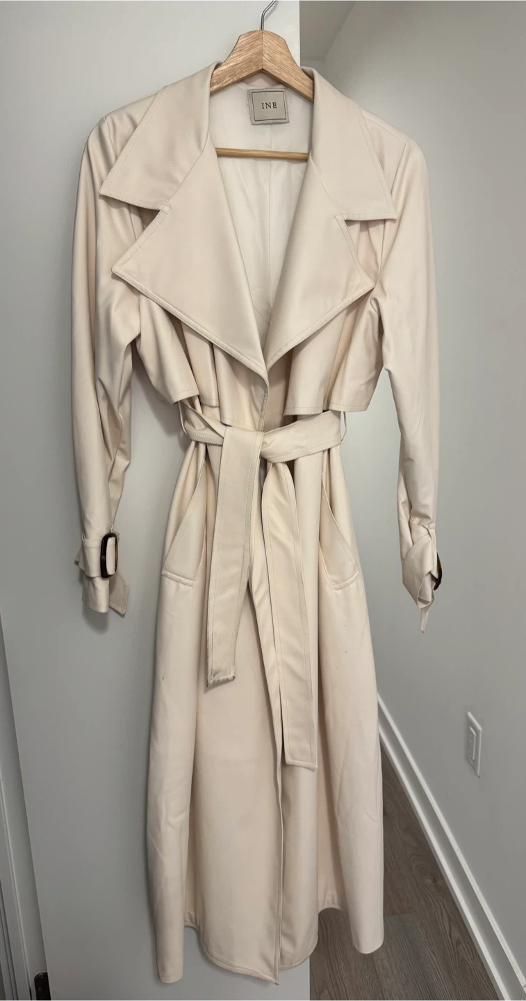 Cream Ivory Faux Leather Trench Coat