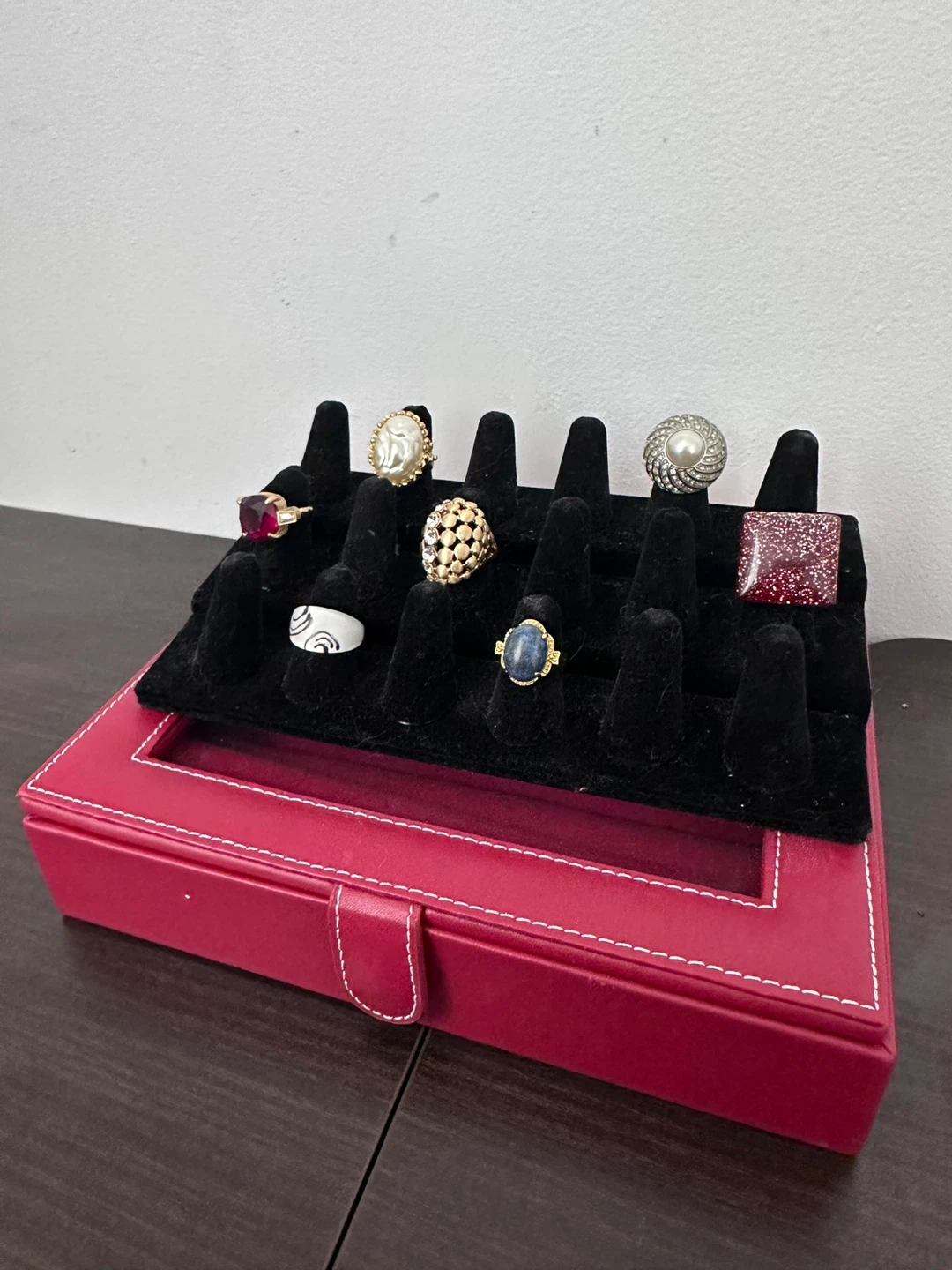 Costume Jewelry Rings & Red Faux Leather Ring Organizer Box