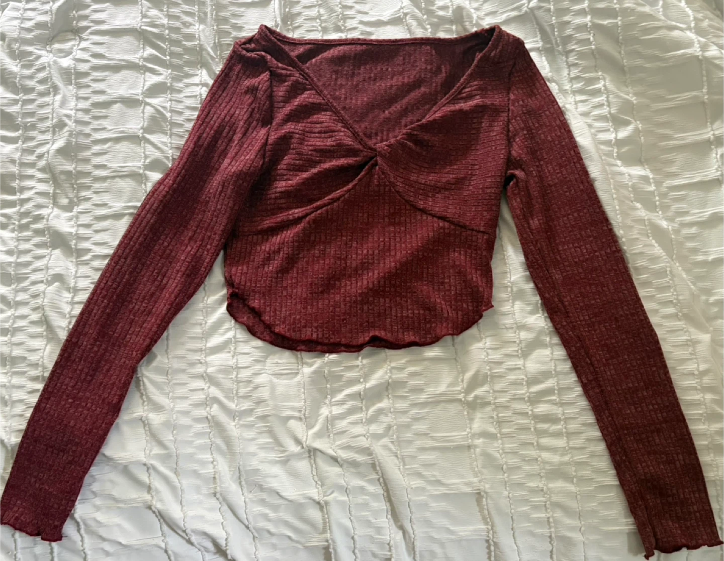 Burgundy Ribbed Long Sleeve Twist Front Top
