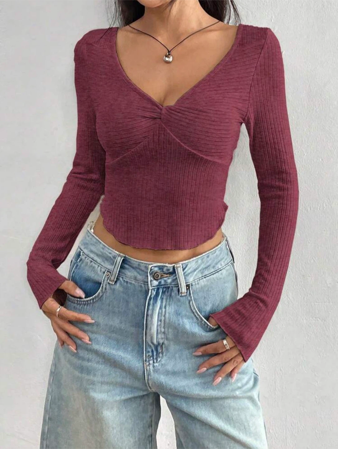 Burgundy Ribbed Long Sleeve Twist Front Top - photo 4
