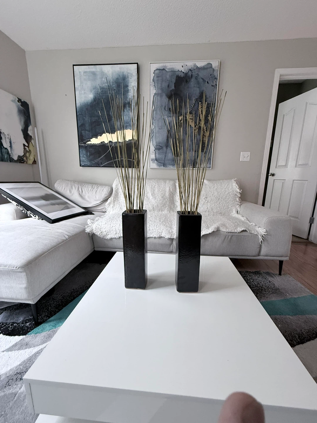 Pair of Black Square Vases with Decorative Reeds