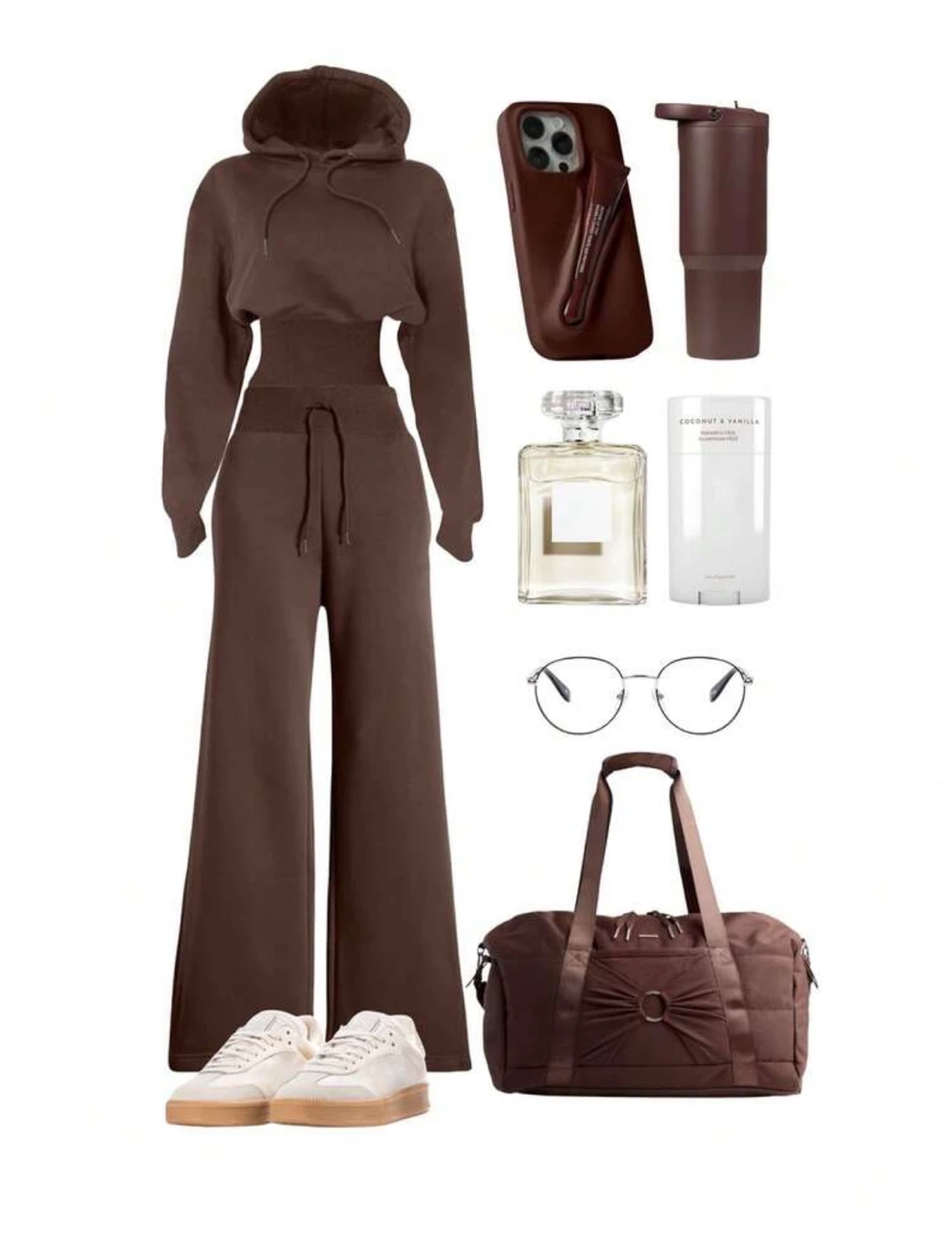 New 2pcs Brown Set Hooded Sweatshirt and Wide Leg Sweatpants