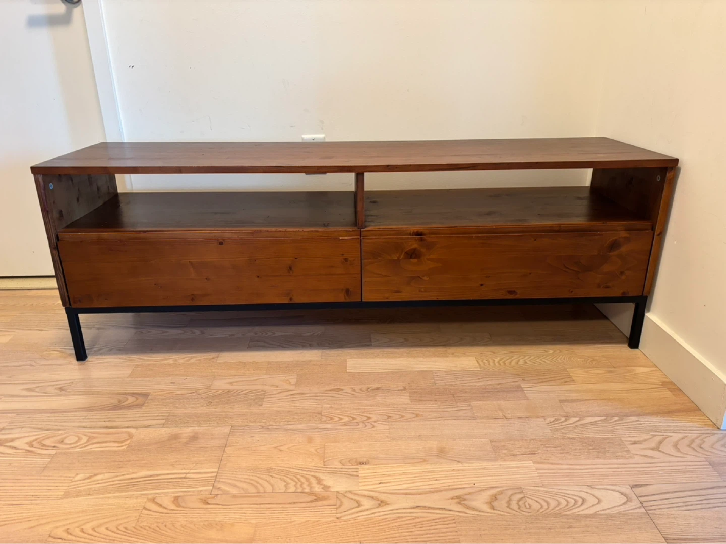 Wooden Media Console with Drawers and Shelves