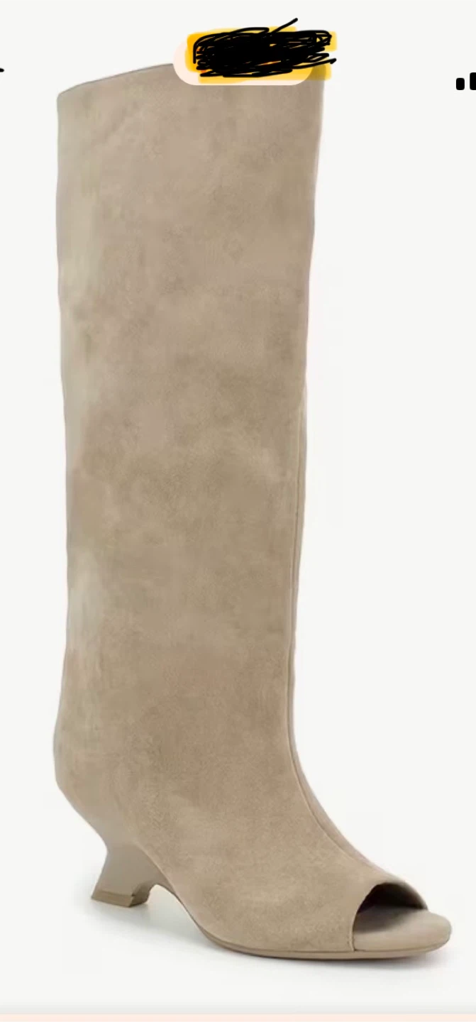 Taupe Suede Peep-Toe Heel Boots