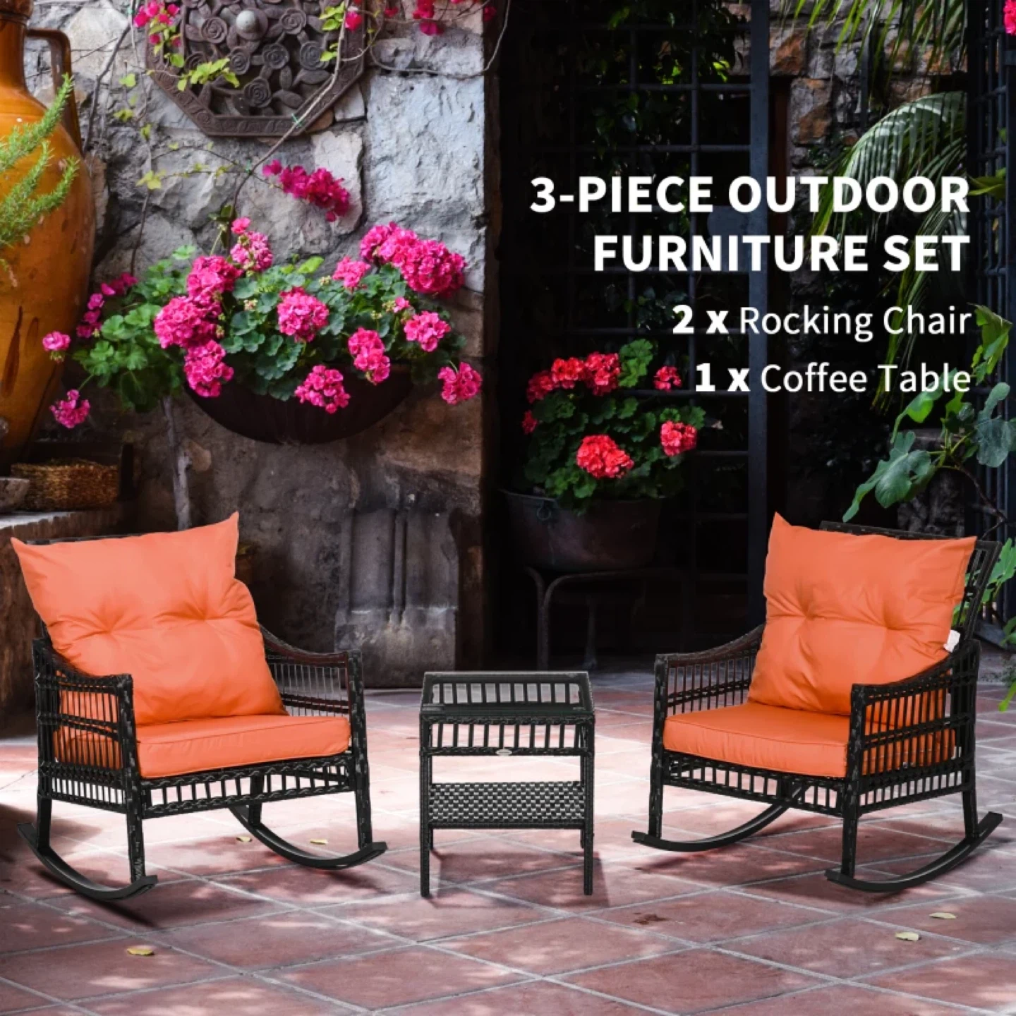 3-Piece Outdoor Wicker Rocking Chair Set with Coffee Table
