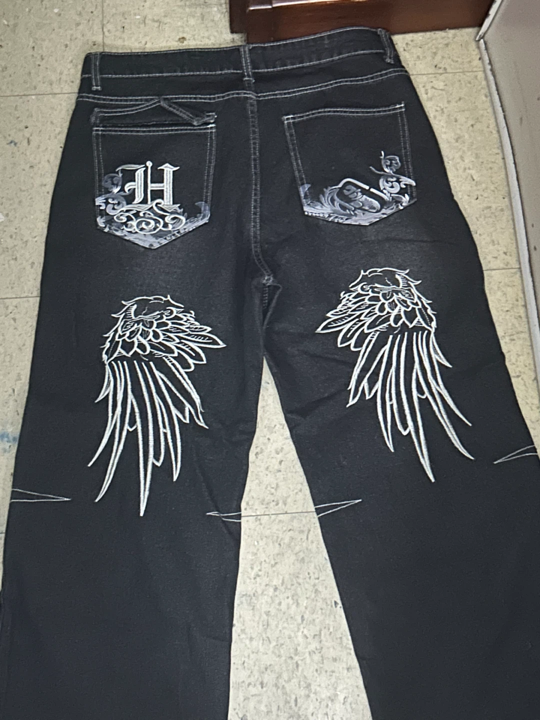 Black Wide Leg Jeans with Tribal & Wing Embroidery - photo 2