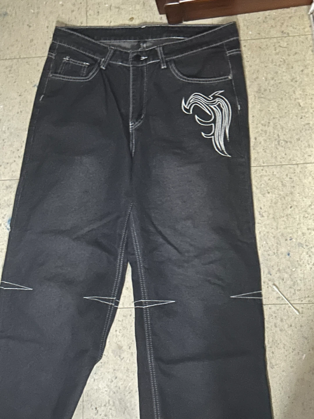 Black Wide Leg Jeans with Tribal & Wing Embroidery