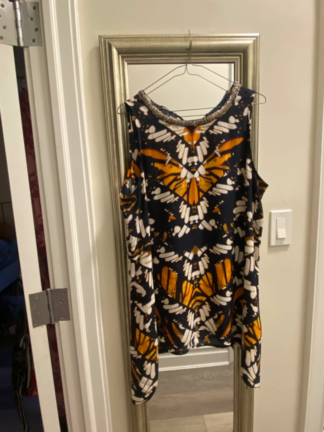 Sleeveless Beaded Neckline Butterfly Print Top