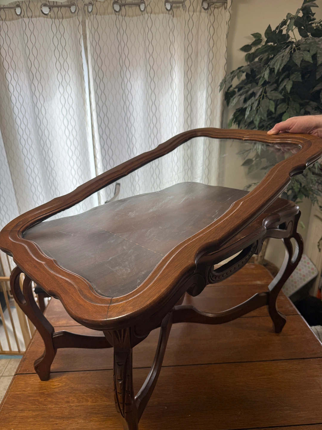 Ornate Carved Wood Side Table with Glass Top - photo 4