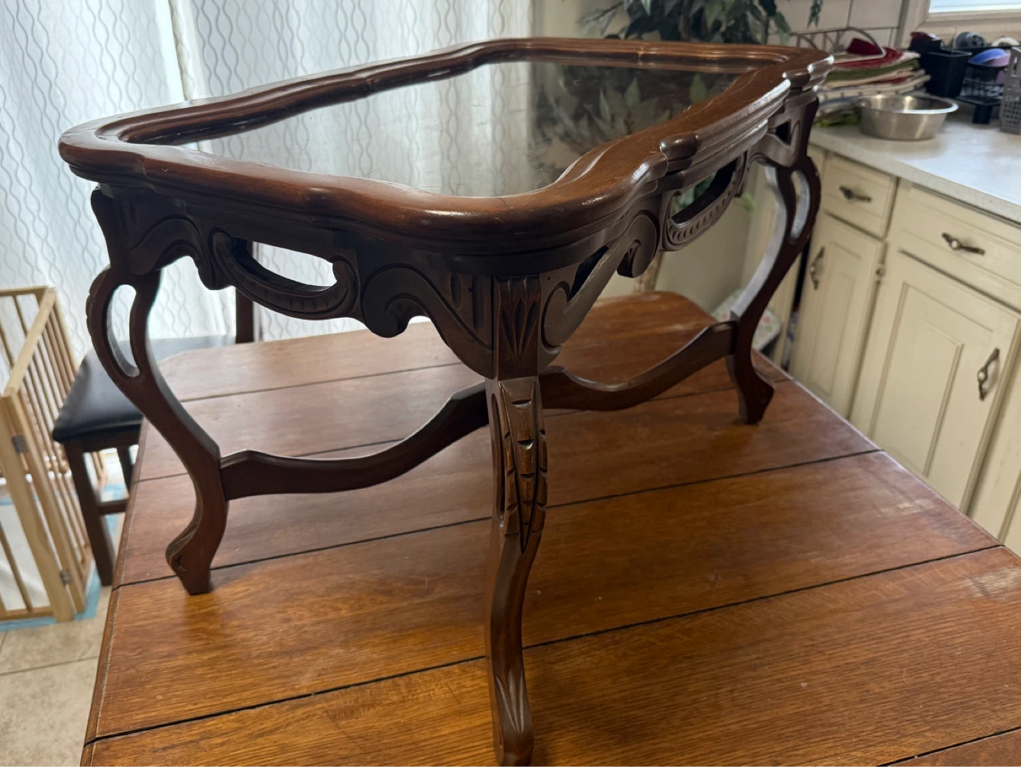 Ornate Carved Wood Side Table with Glass Top - photo 2