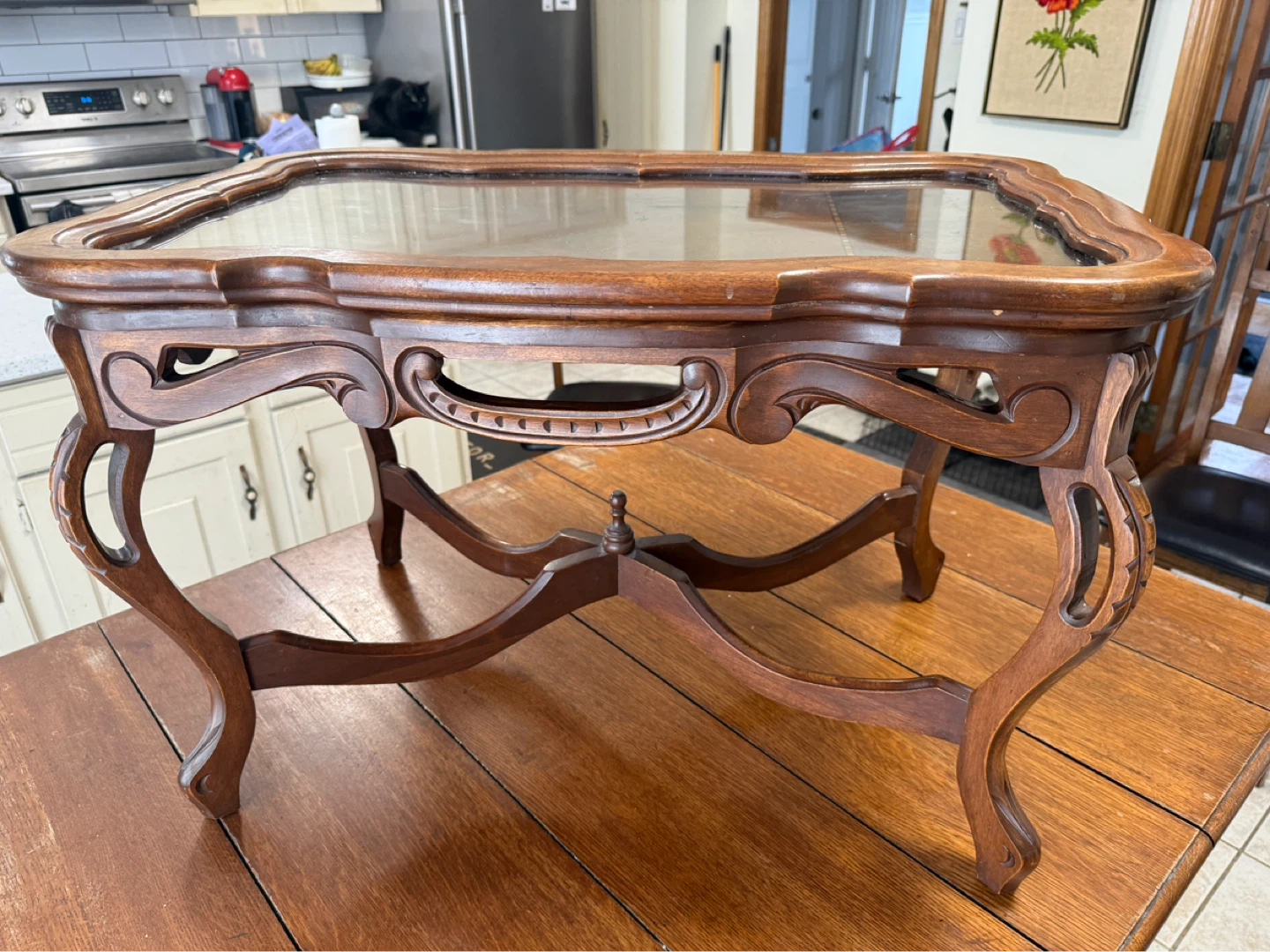 Ornate Carved Wood Side Table with Glass Top