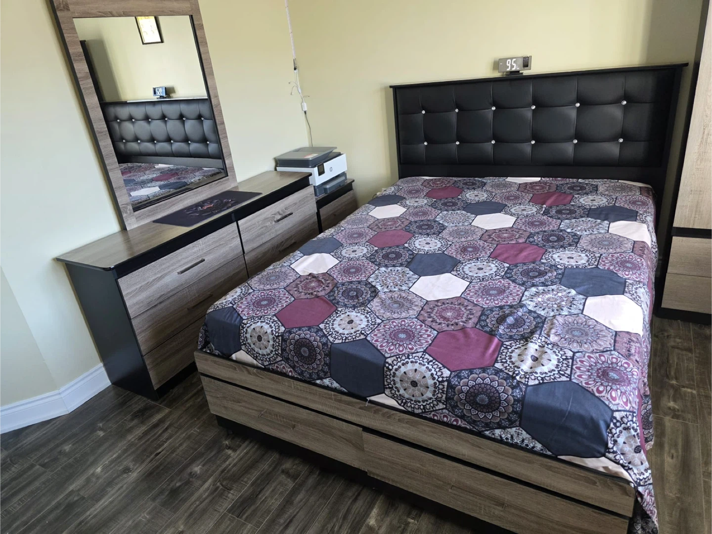 Queen Box Bed with mirror dresser and night table