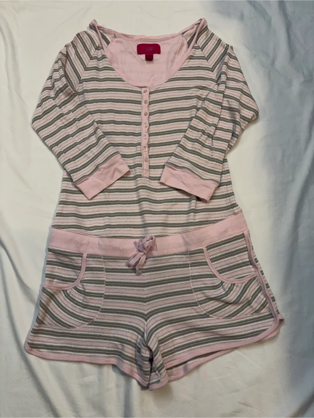 Victoria's Secret Pink and Gray Striped Pajama Romper
