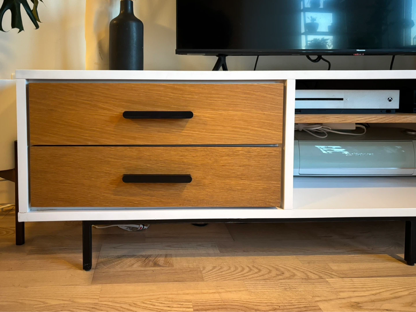 White TV Stand with Wood Drawer Fronts - photo 2