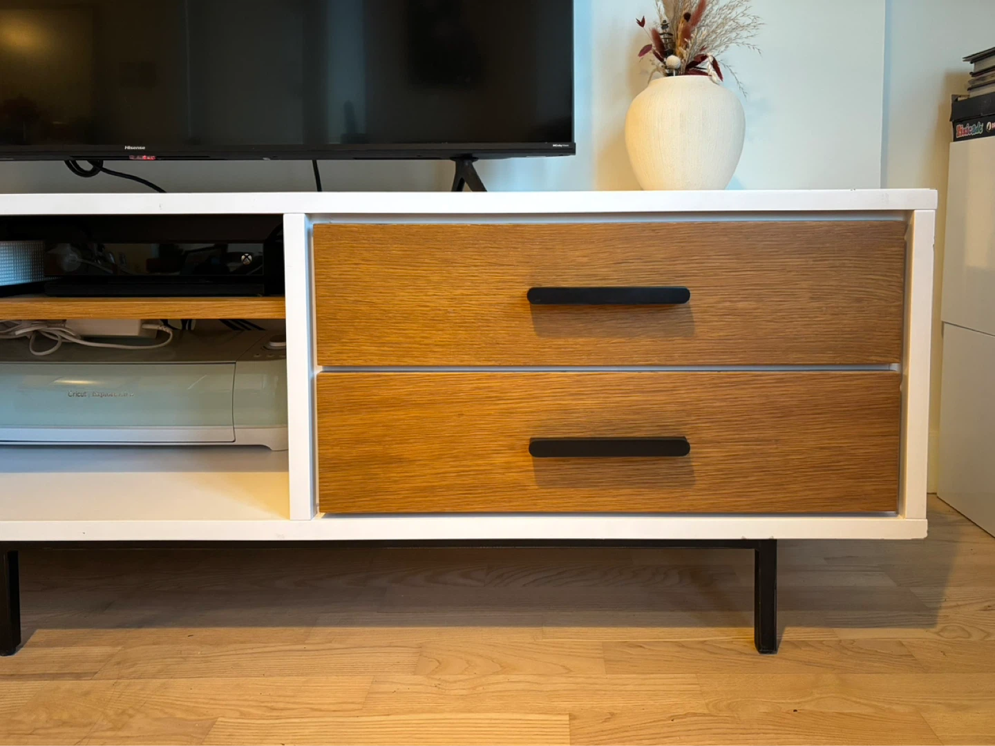 White TV Stand with Wood Drawer Fronts - photo 3