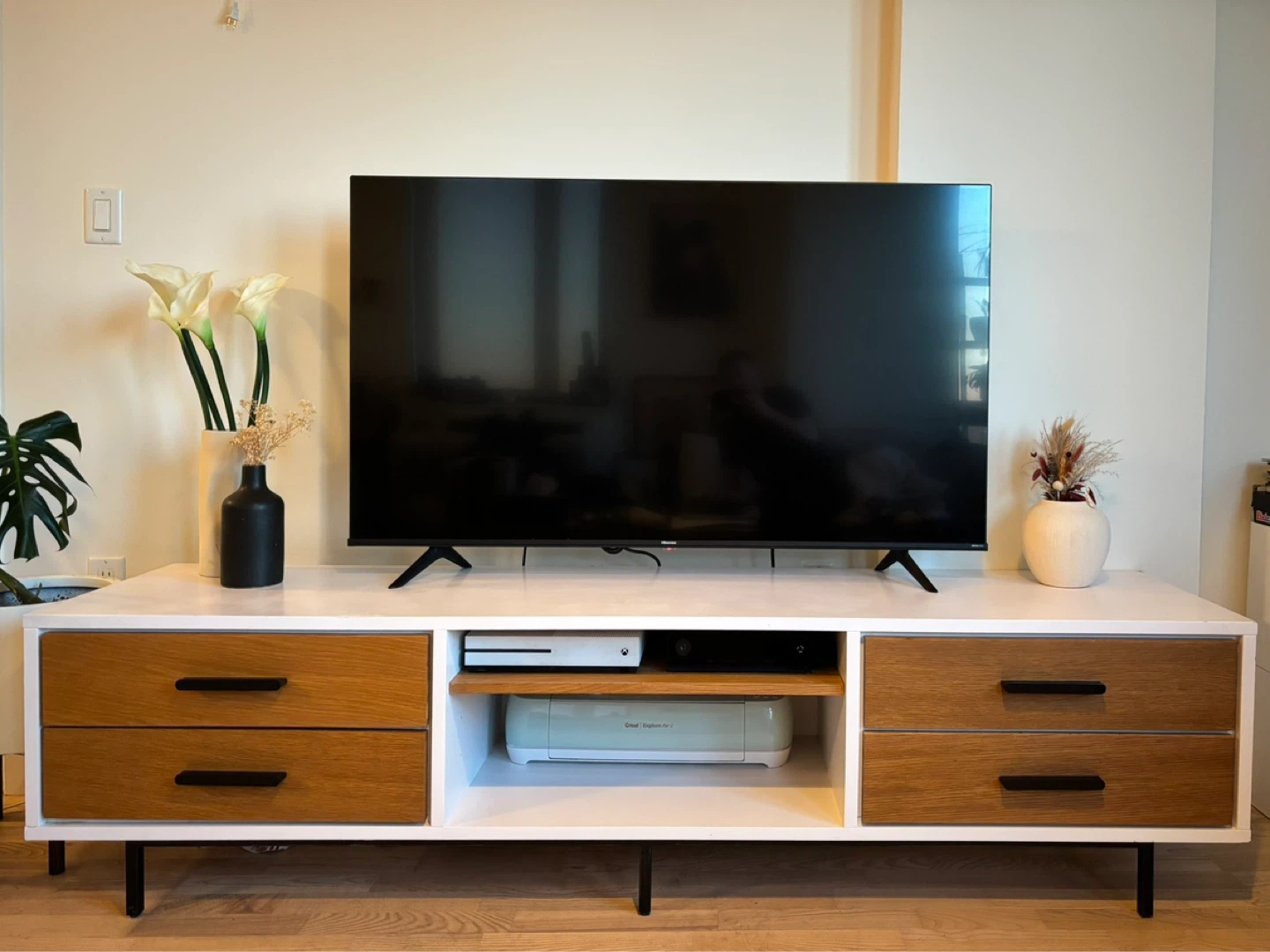White TV Stand with Wood Drawer Fronts