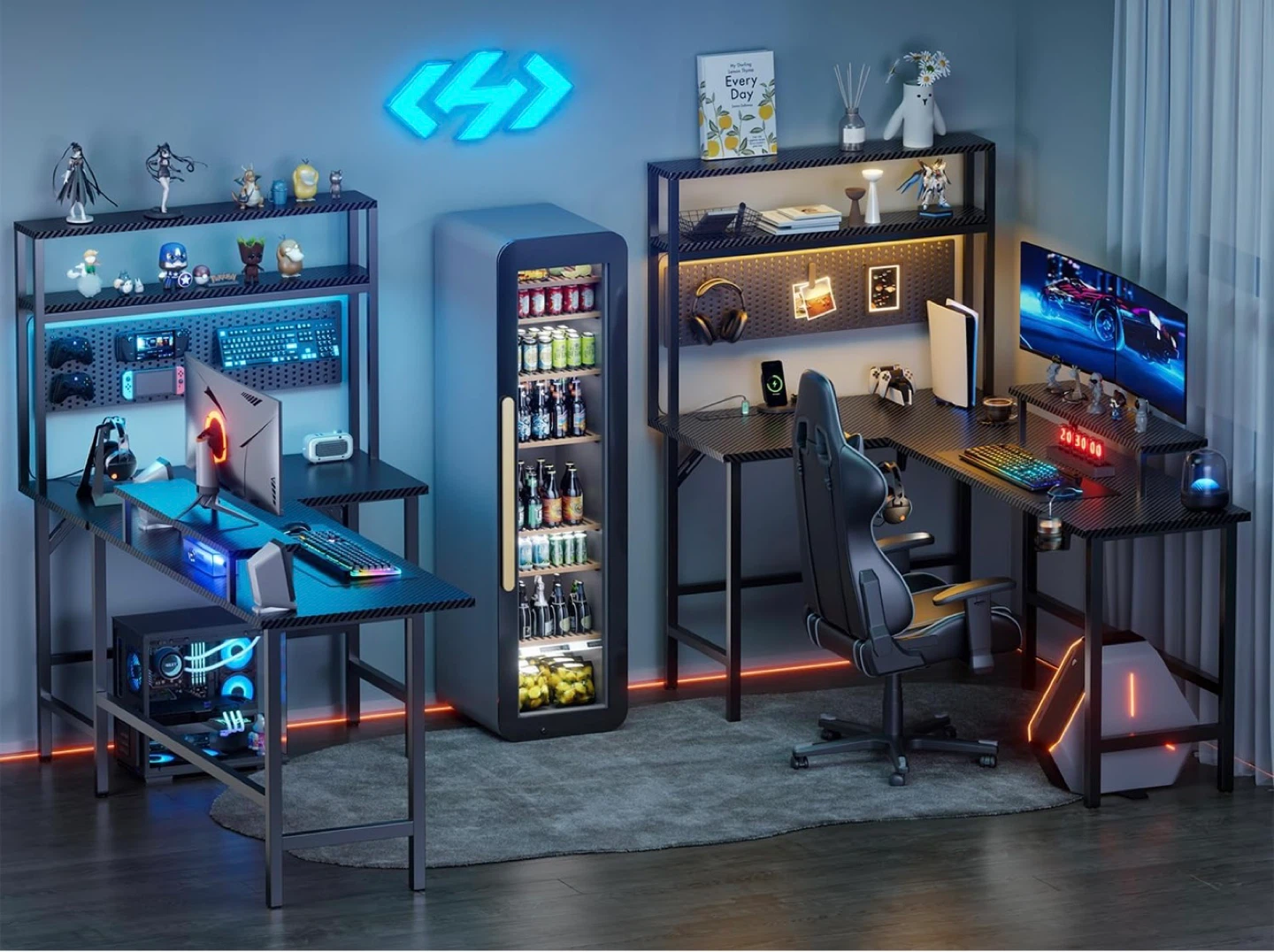 L Shaped Gaming Desk with LED Light & Power Outle Reversible Com - photo 2