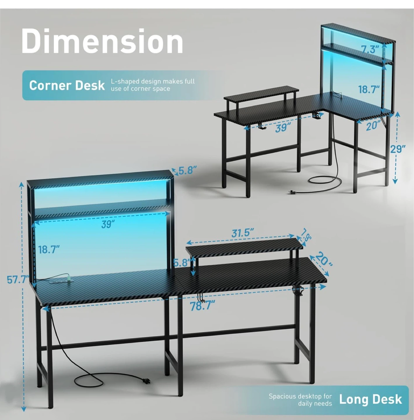 L Shaped Gaming Desk with LED Light & Power Outle Reversible Com - photo 3