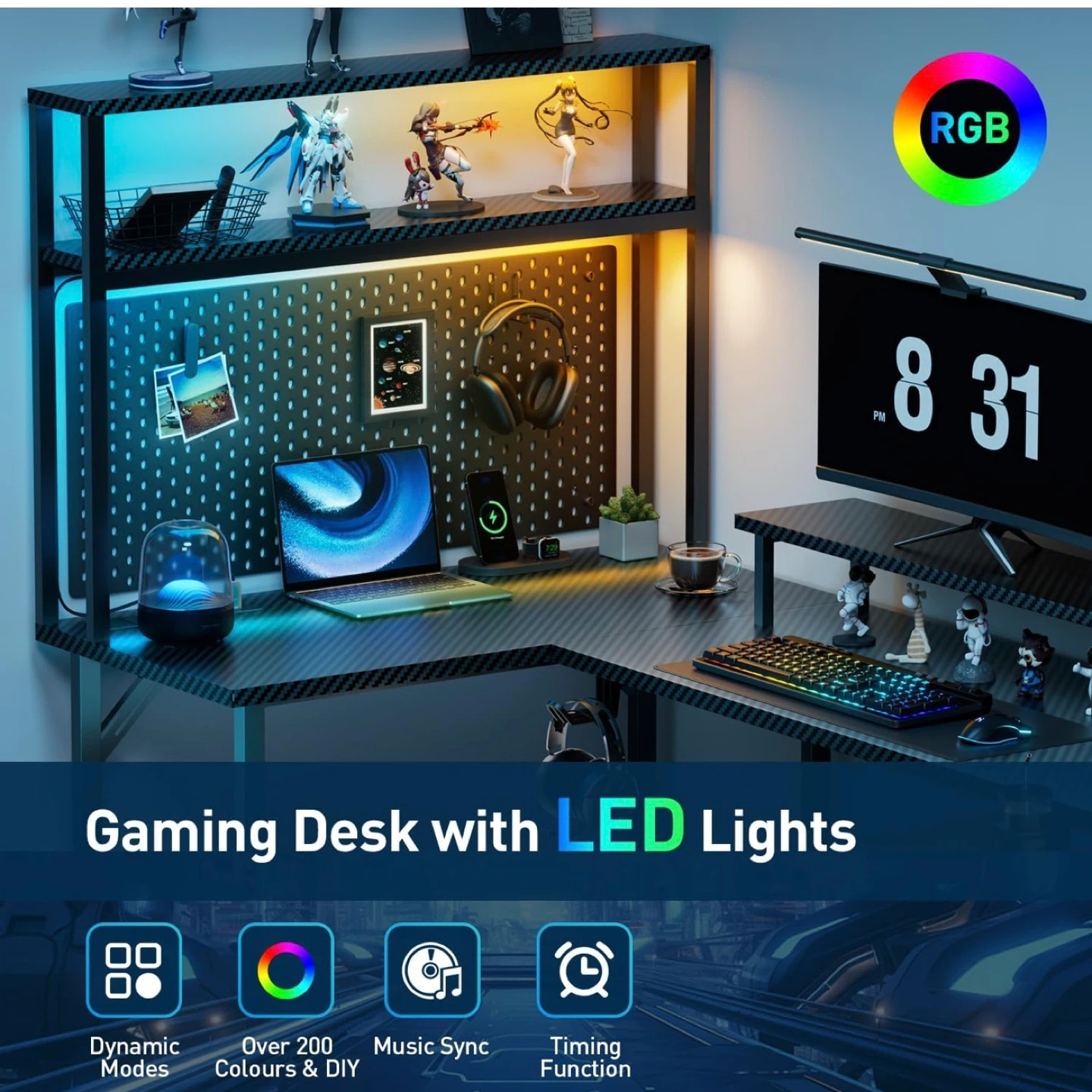 L Shaped Gaming Desk with LED Light & Power Outle Reversible Com - photo 4