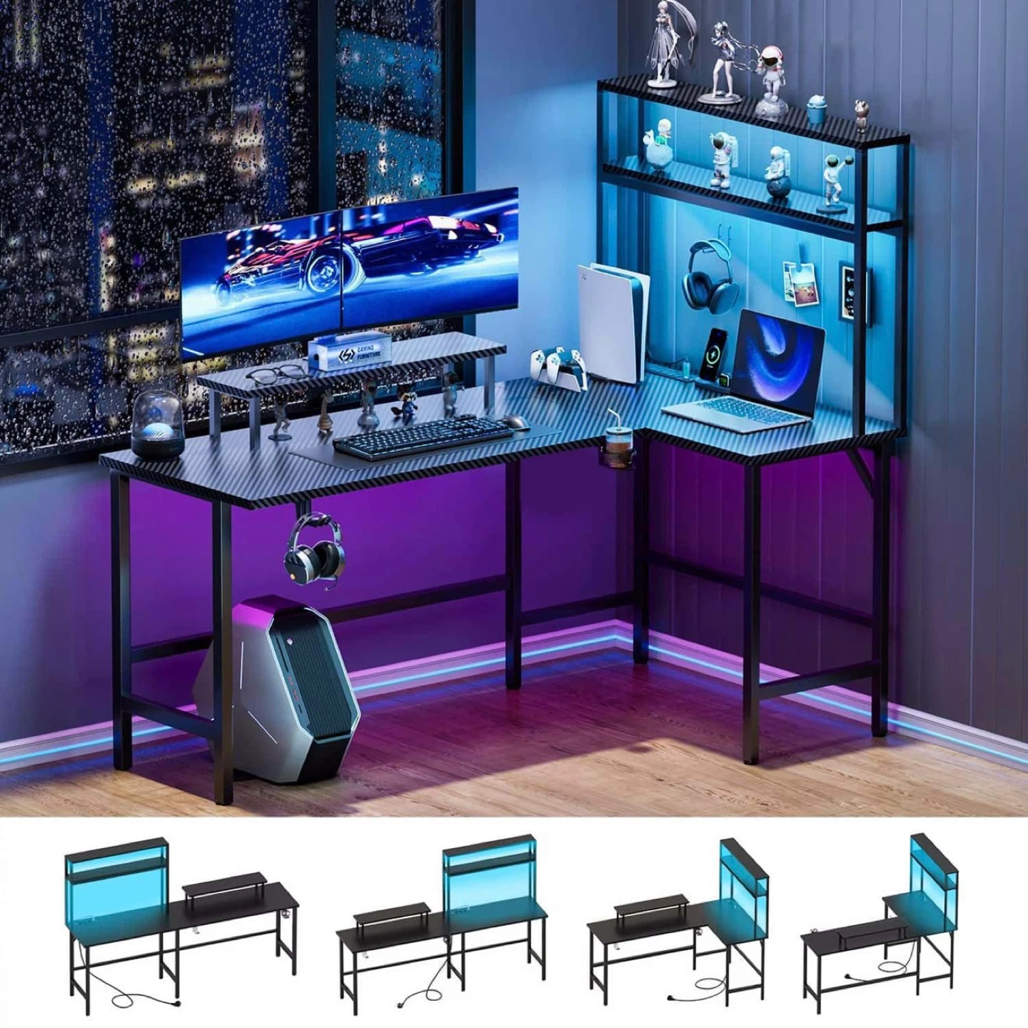 L Shaped Gaming Desk with LED Light & Power Outle Reversible Com