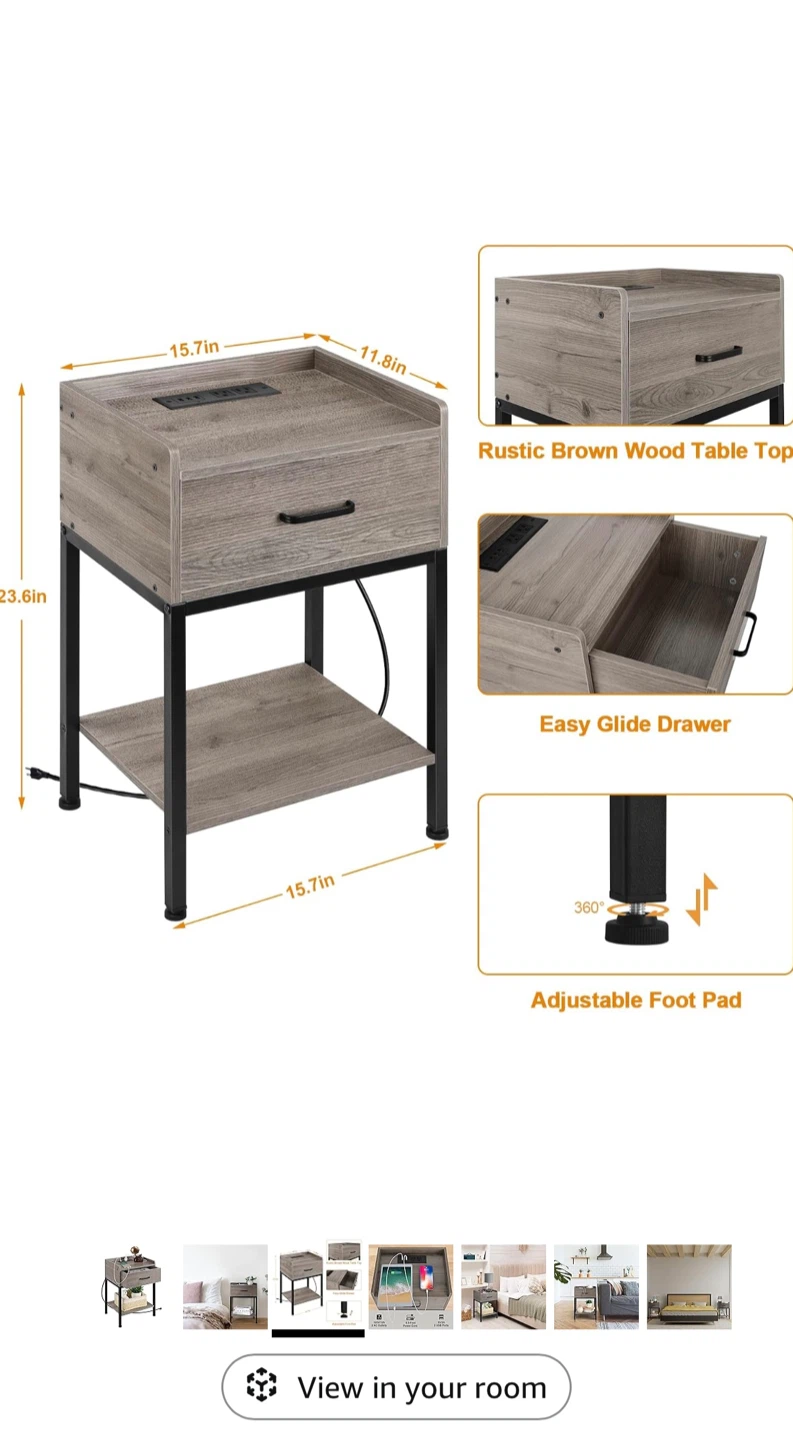 Rustic Brown Wood End Table with Drawer and Charging Station - photo 4