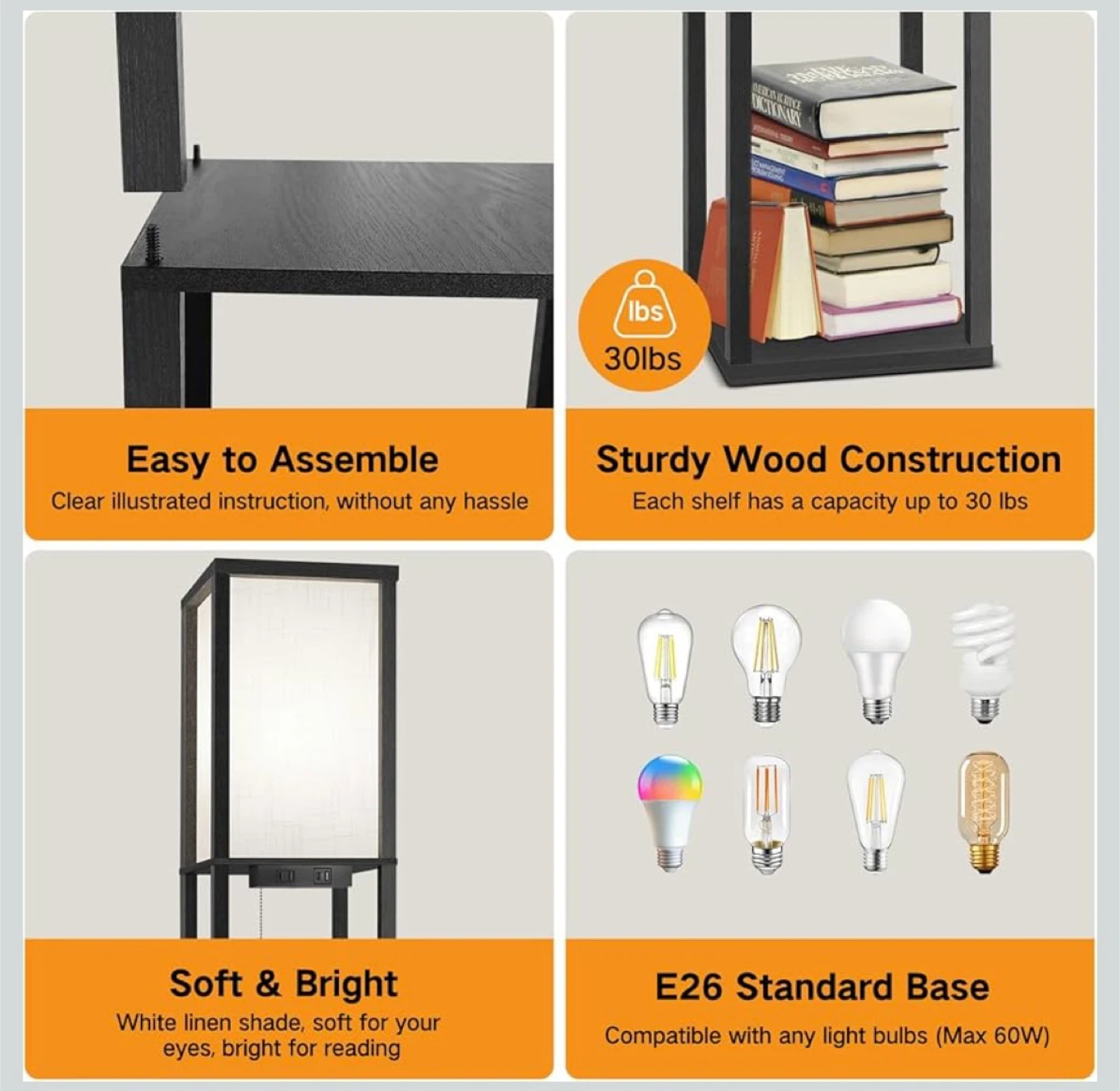 3-Tier Open Shelves Floor Lamp with Built-in Outlets - photo 5