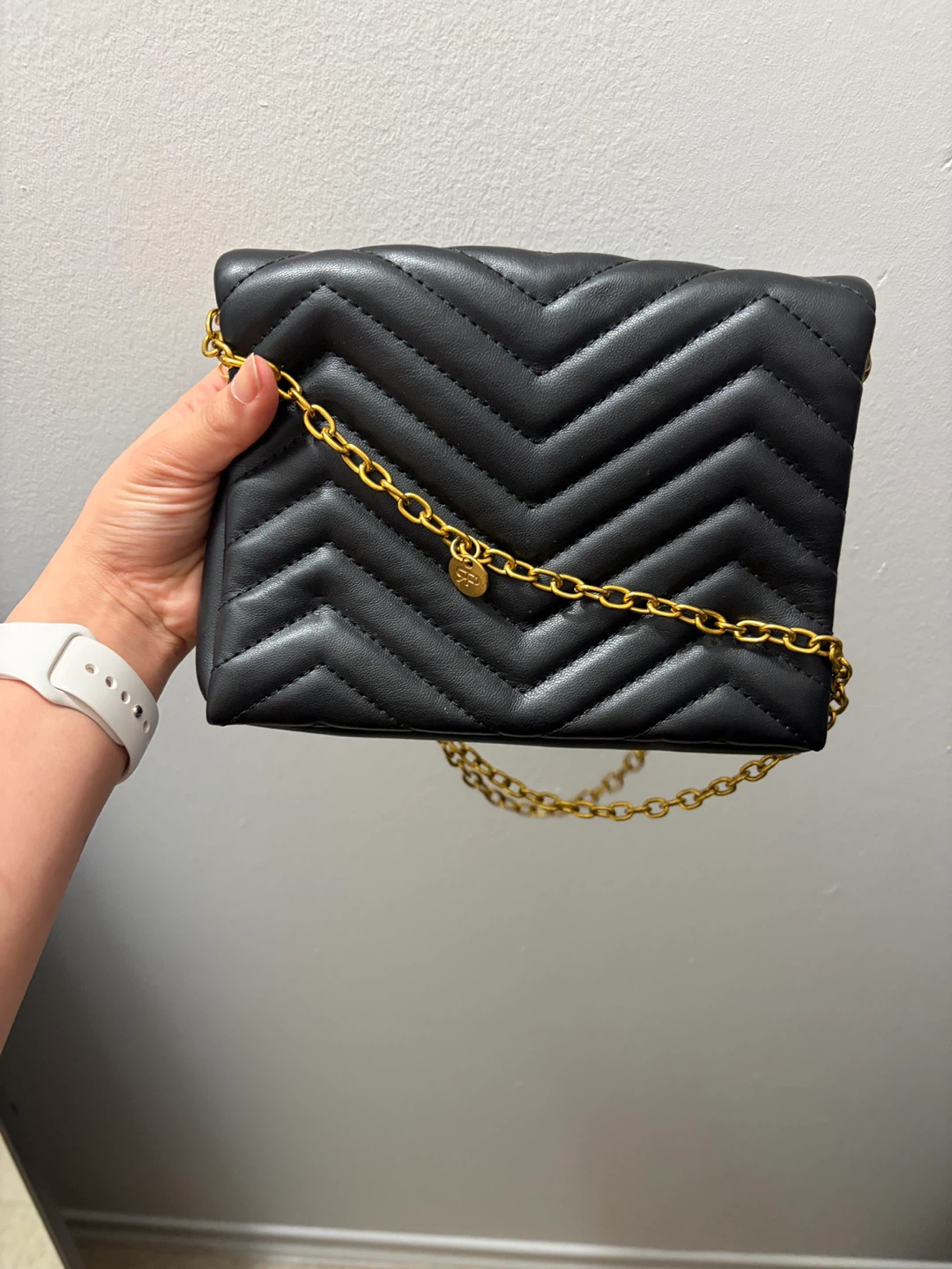 Black Quilted Leather Bag with Gold Chain