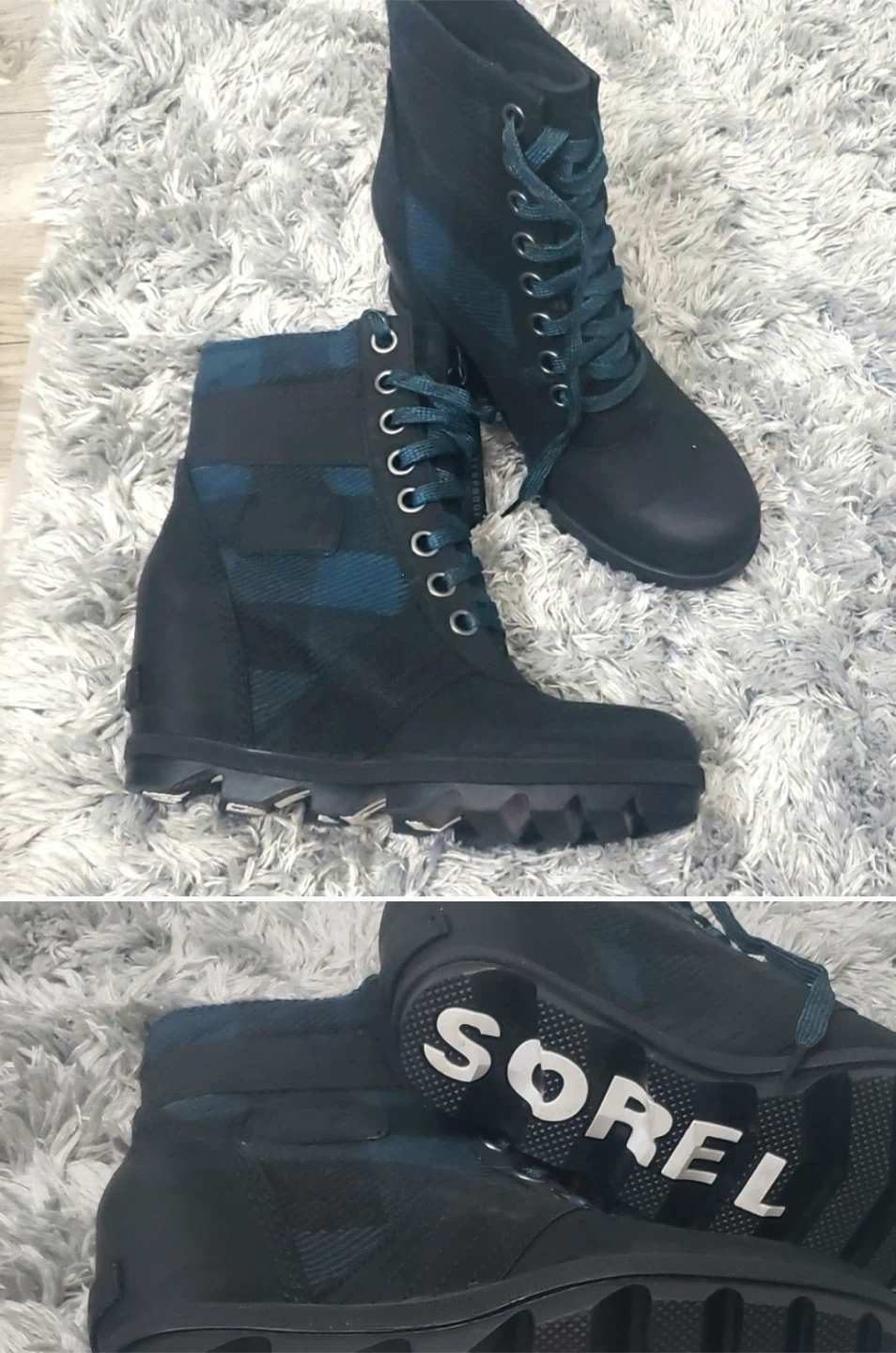 Sorel Black Wedge Lace-Up Boots with Plaid Detail - Size 7
