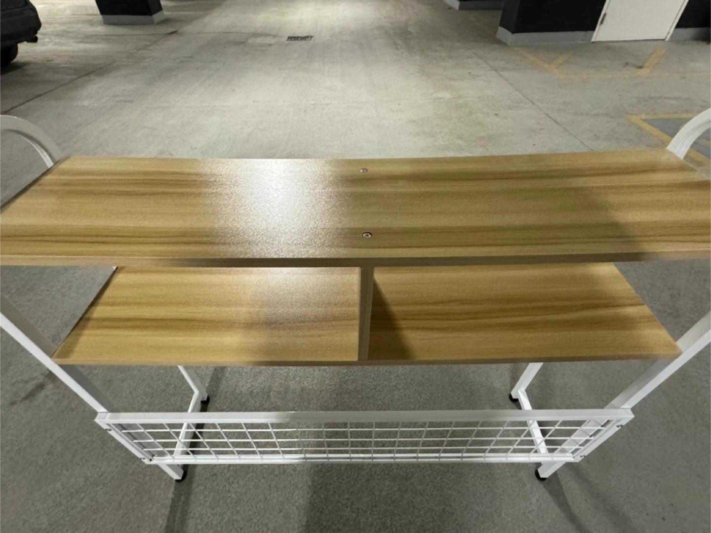 White Metal and Wood 2-Tier Shelf Unit