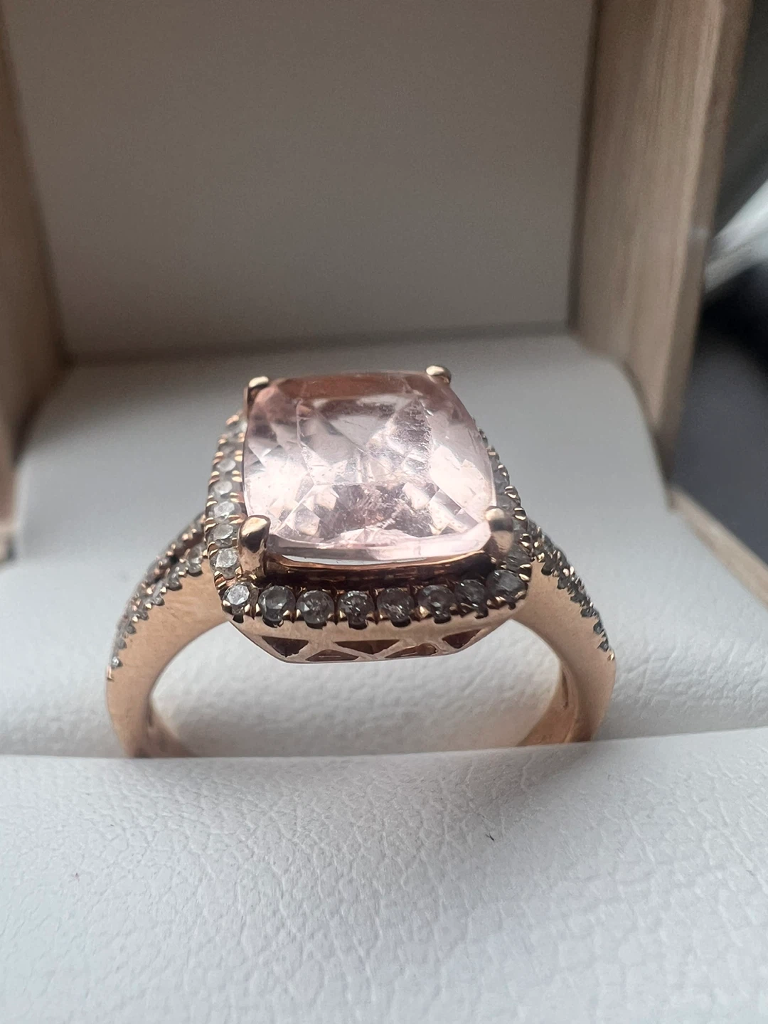 14K Rose Gold Cocktail Ring with Large Pink Stone and Diamonds