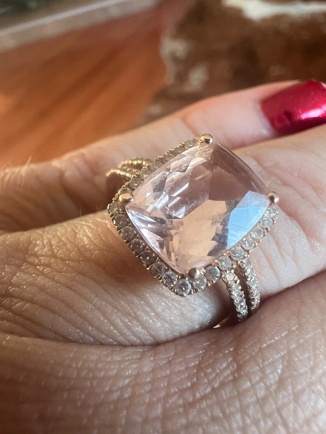 14K Rose Gold Cocktail Ring with Large Pink Stone and Diamonds - photo 5
