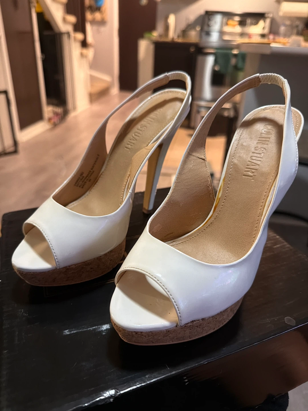 White Stuart Weitzman Peep-Toe Slingback Heels