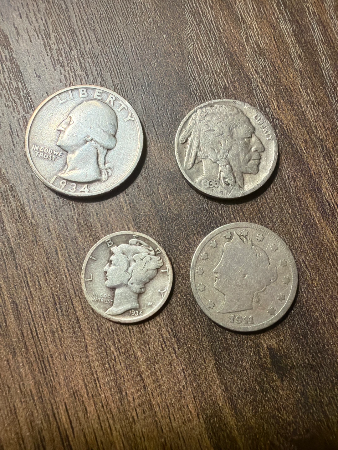 Lot of 4 US Coins: Quarter, Dime, Nickel, and Penny