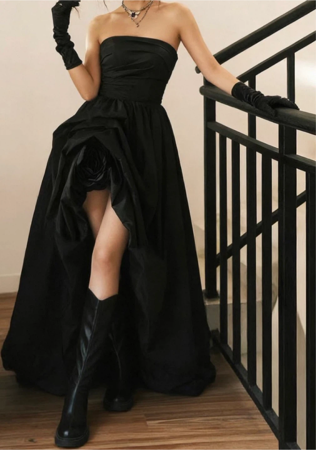 Black Strapless Dress with Rose Detail