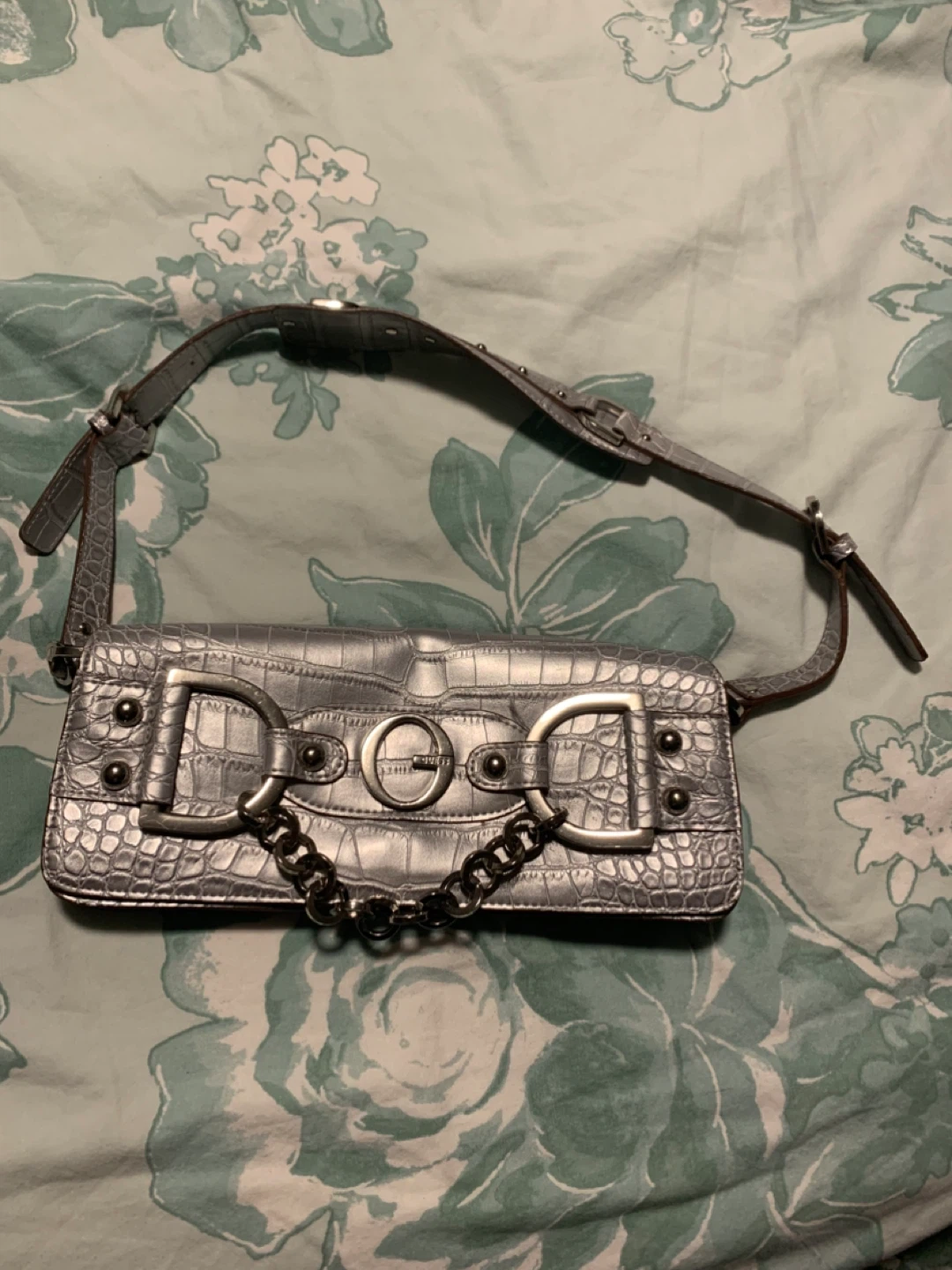 Silver Guess Crocodile Embossed Shoulder Bag