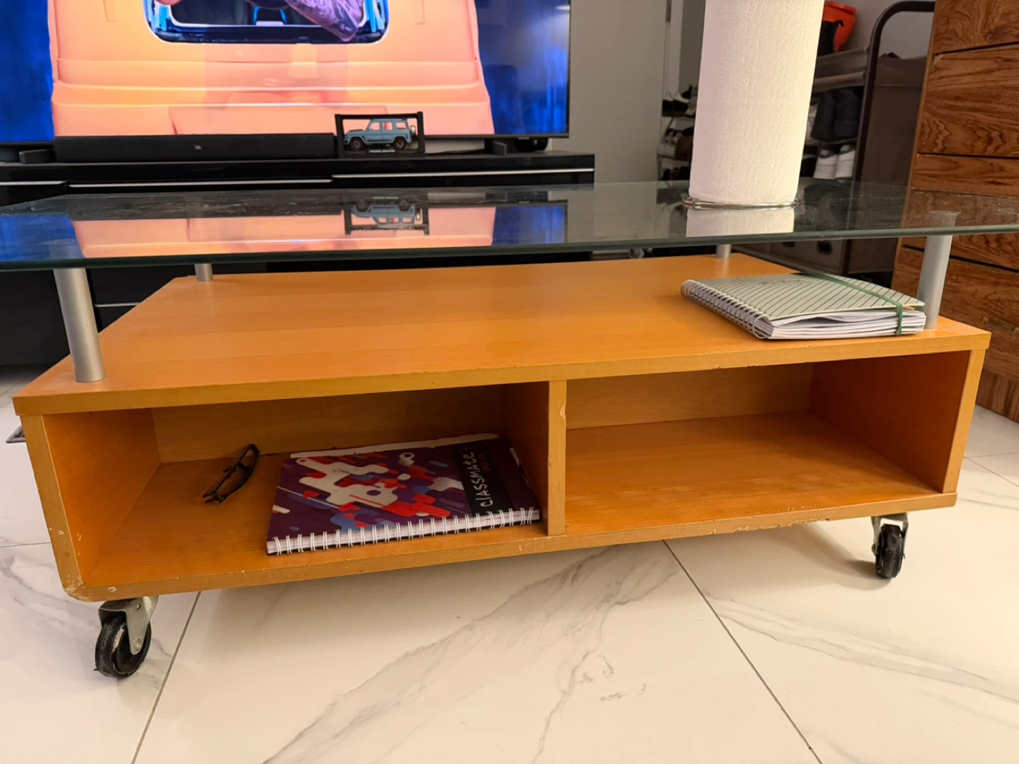Modern Coffee Table with Wood Base and Glass Top