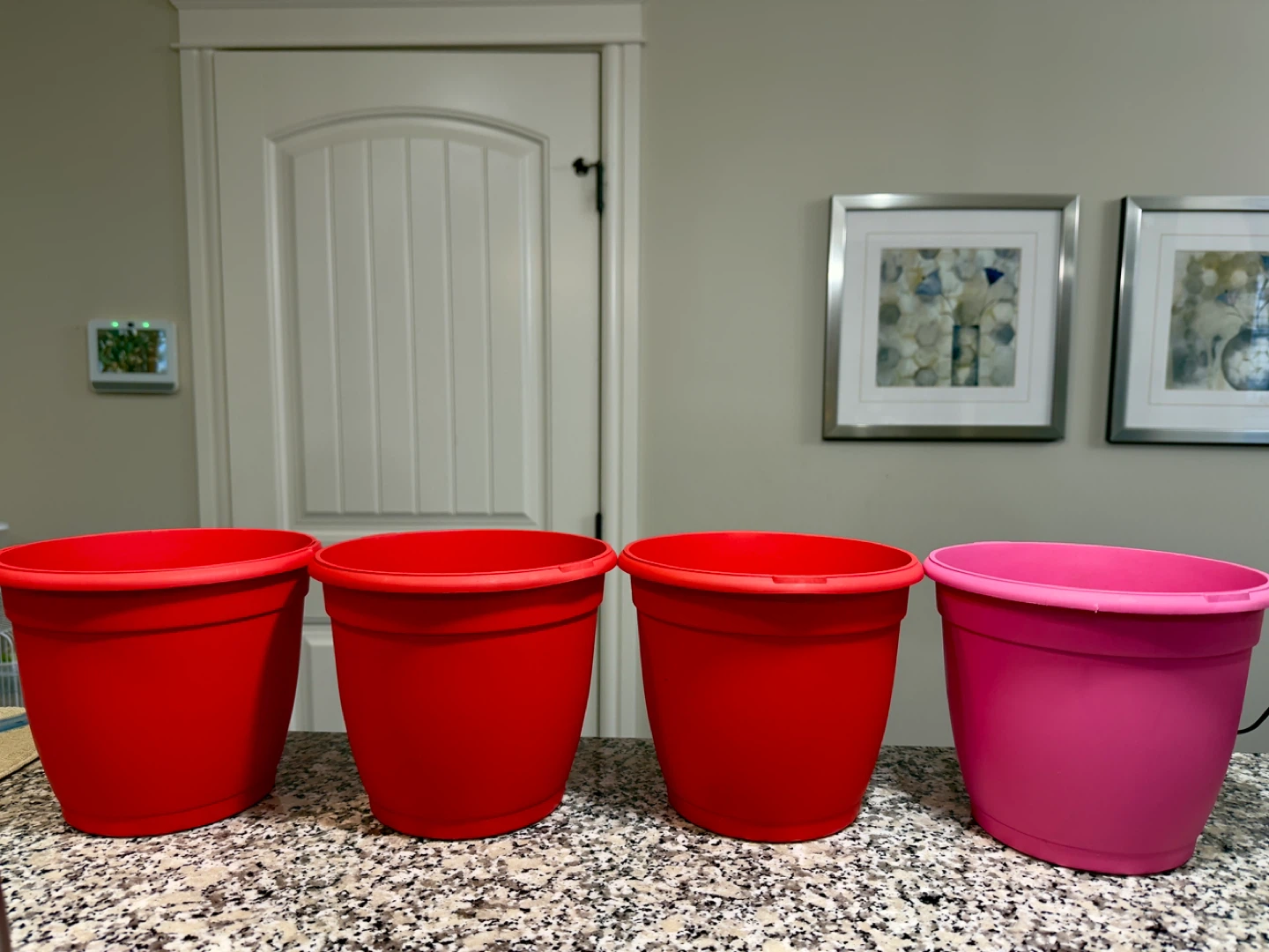 Set of 4 Plastic Pots (3 Red, 1 Pink)