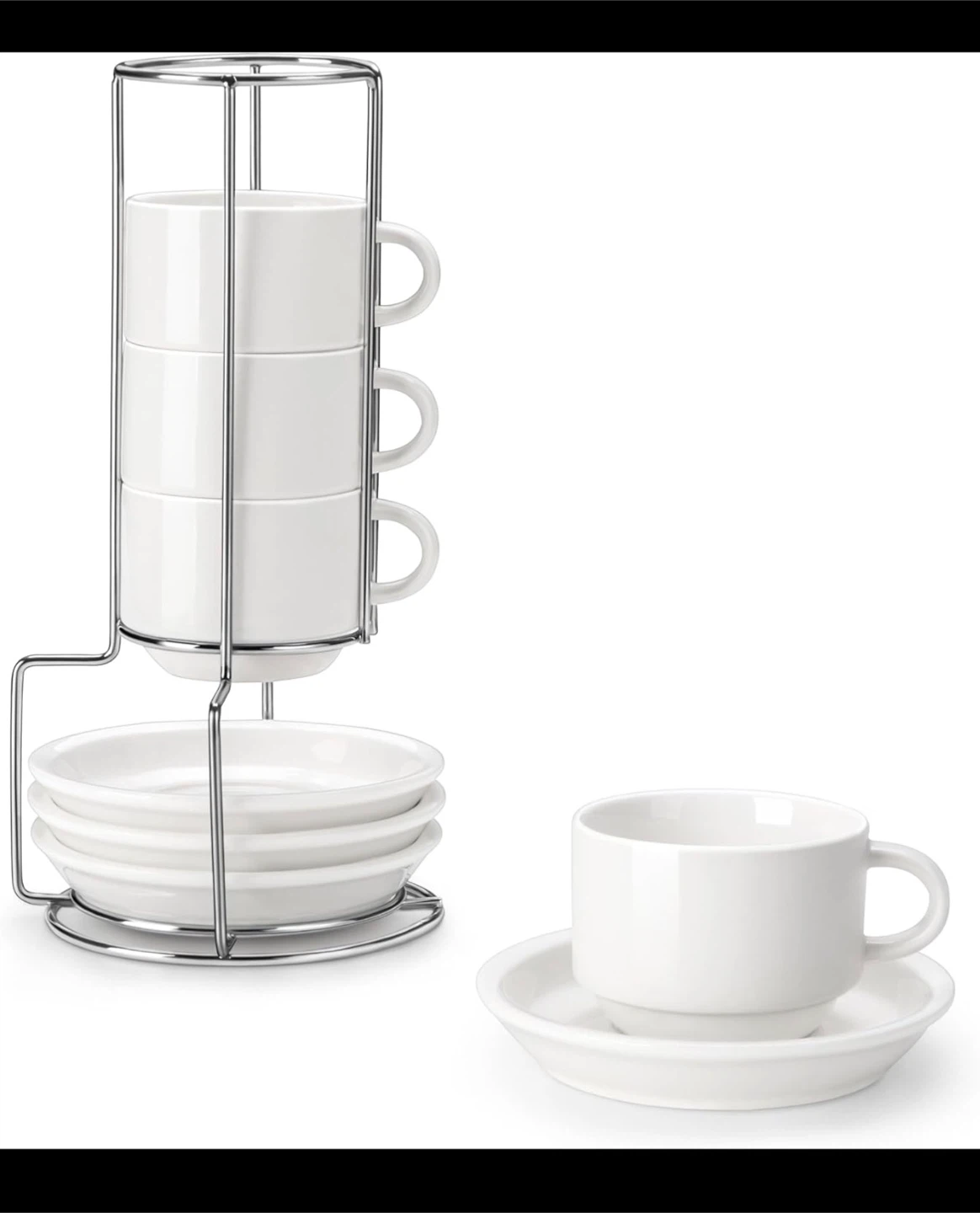 Stacking Espresso Cups and Saucers Set with Rack