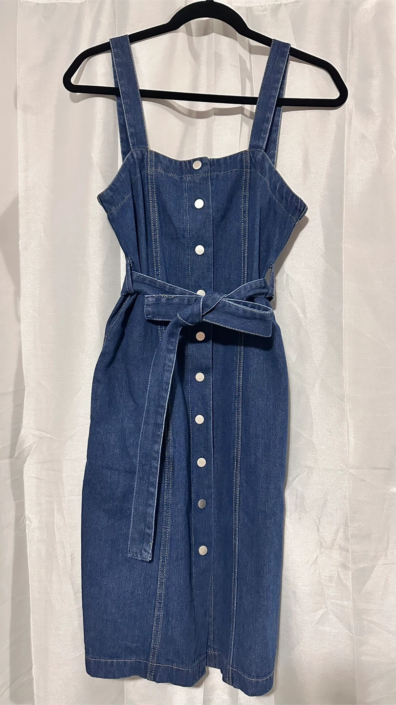 Denim Button-Front Dress with Belt and pockets - photo 2