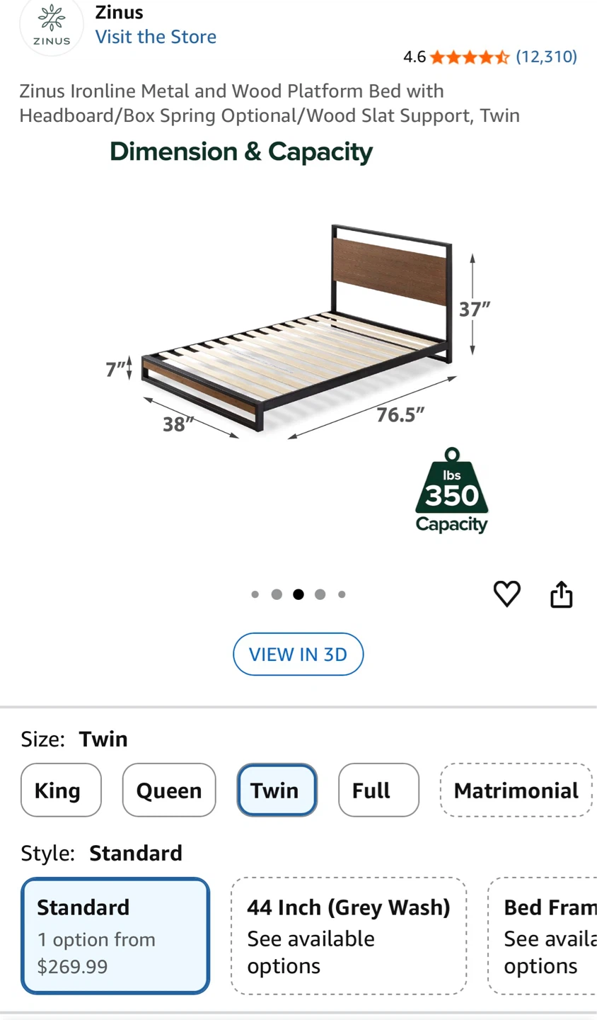 Zinus Ironline Metal and Wood Platform Bed Frame, Twin - photo 2