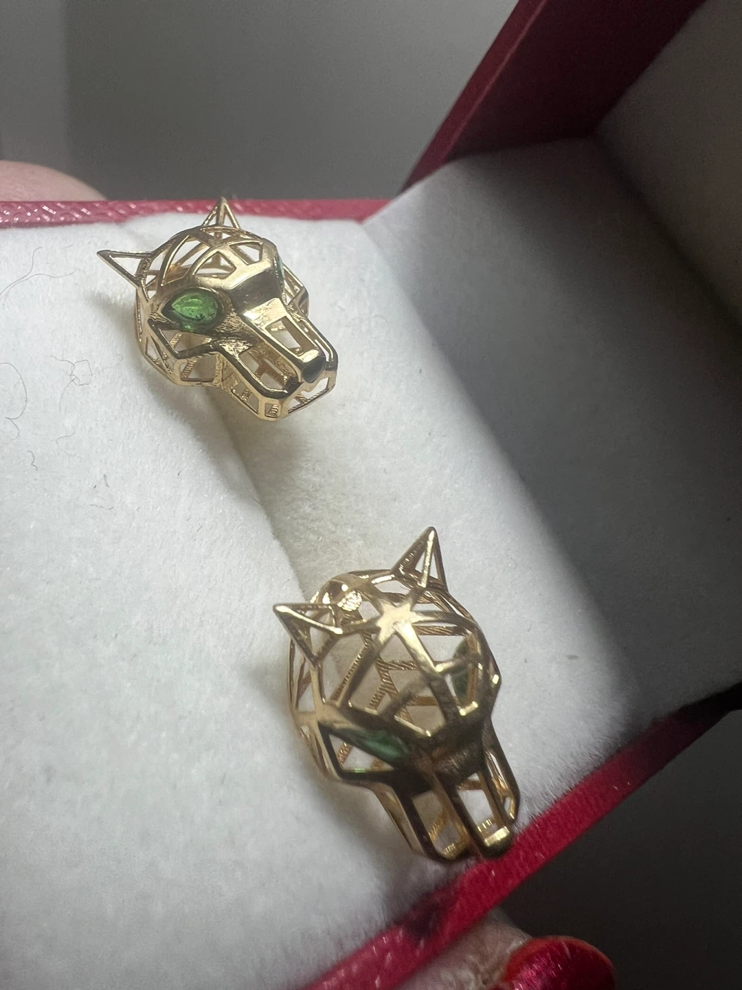Gold Panther Head Earrings with Green Gemstones