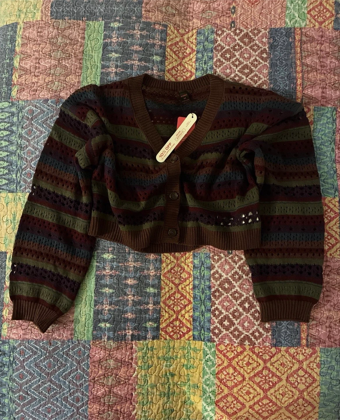 Romwe Striped Crochet Cardigan Sweater